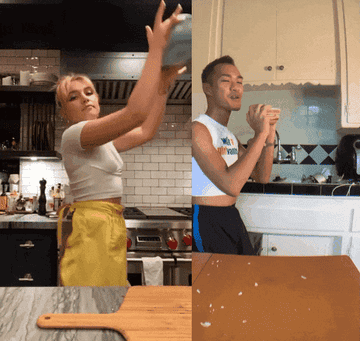 Florence Pugh dancing while holding her bowl of tzatziki next to the writer doing the same