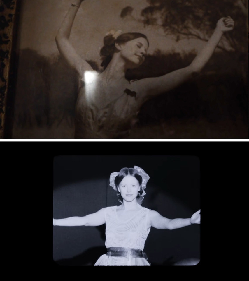 A black and white photo of young Pearl dancing.  A black and white film image of Pearl dancing.
