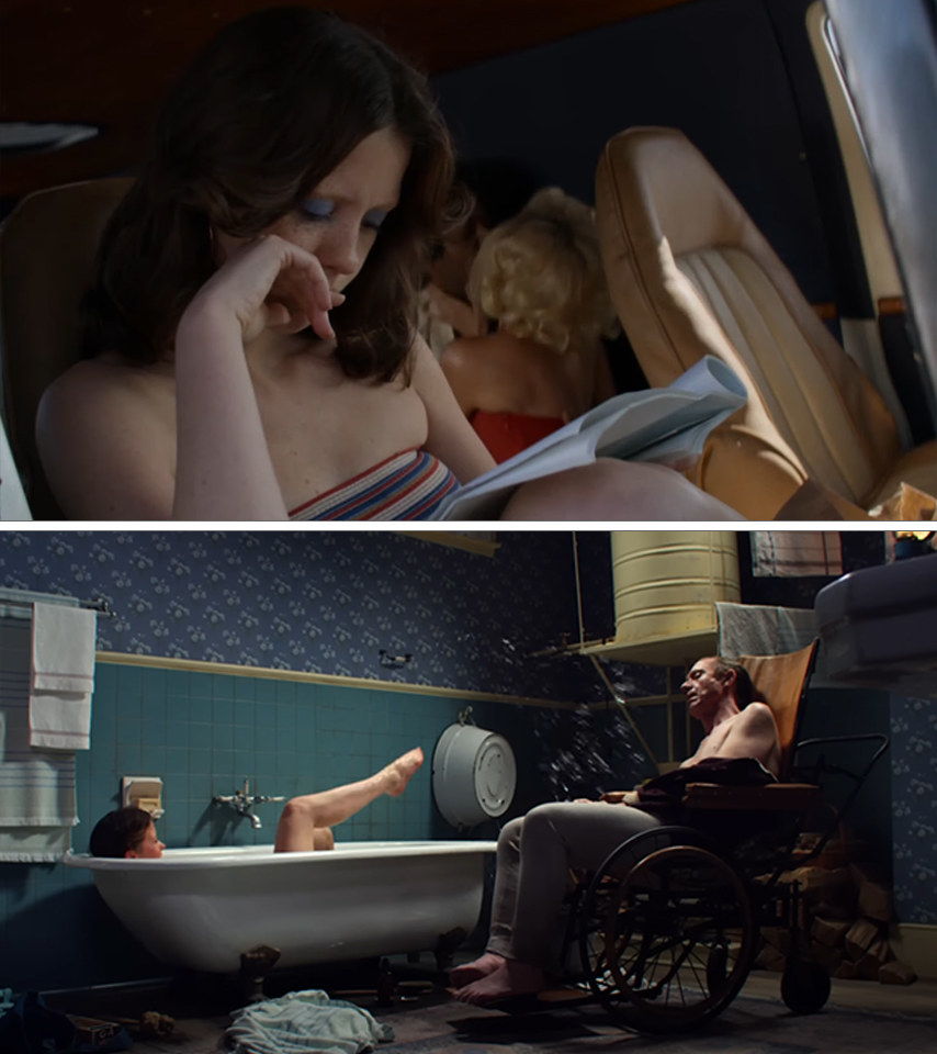 Maxine looks at a script.  Young Pearl is in the bathtub with her father nearby in a wheelchair.