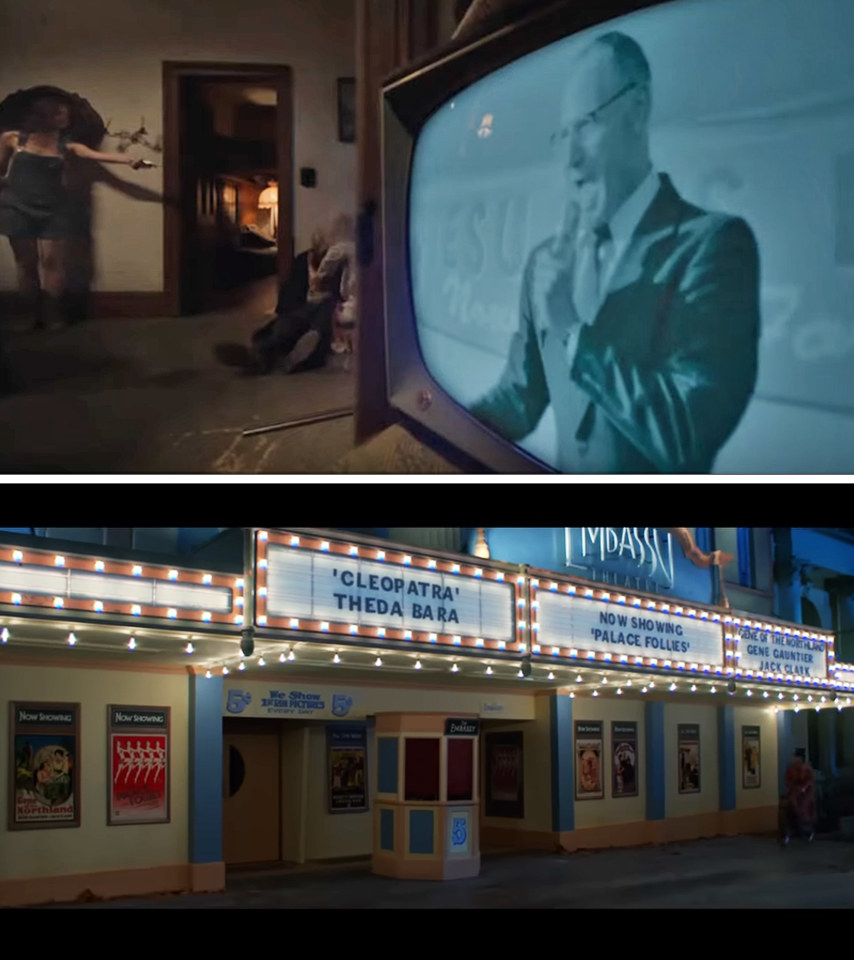 Maxine holds out a gun, nearby a black and white TV shows an old man with a microphone.  An image of a pristine movie theater and marquee from 1918.