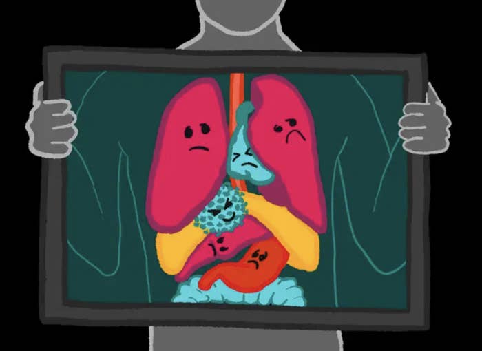 an illustration of someone holding an x ray scan to reveal their organs with cartoon sad faces