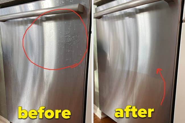 Dirty dishwasher with a red circle showing spots labeled 