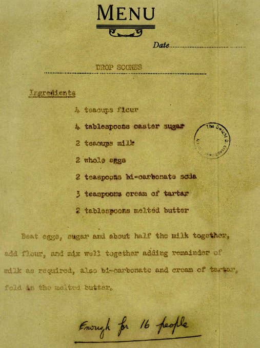 A very old-looking recipe for drop scones that looks like it was typed on a typewriter