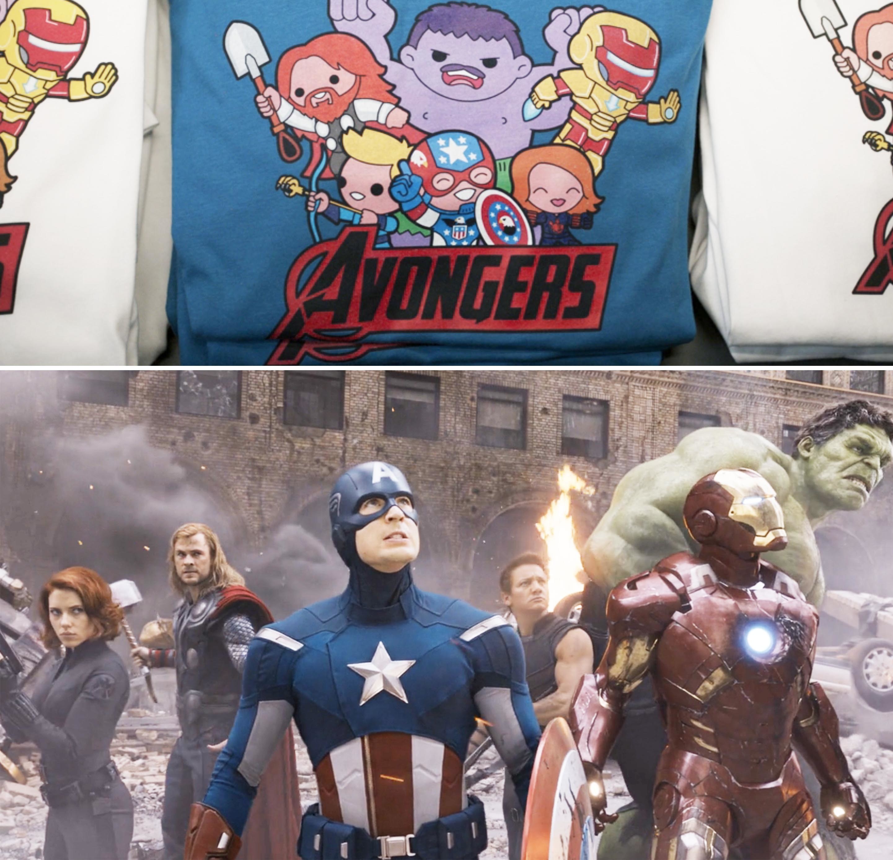 A knockoff Avengers shirt that says Avongers instead, juxtaposed next to a picture of the real Avengers