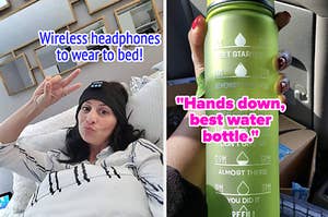 reviewer wearing wireless headphones in bed with text: wireless headphones to wear to bed! / reviewer holding a green time marked water bottle with a positive review quote over top