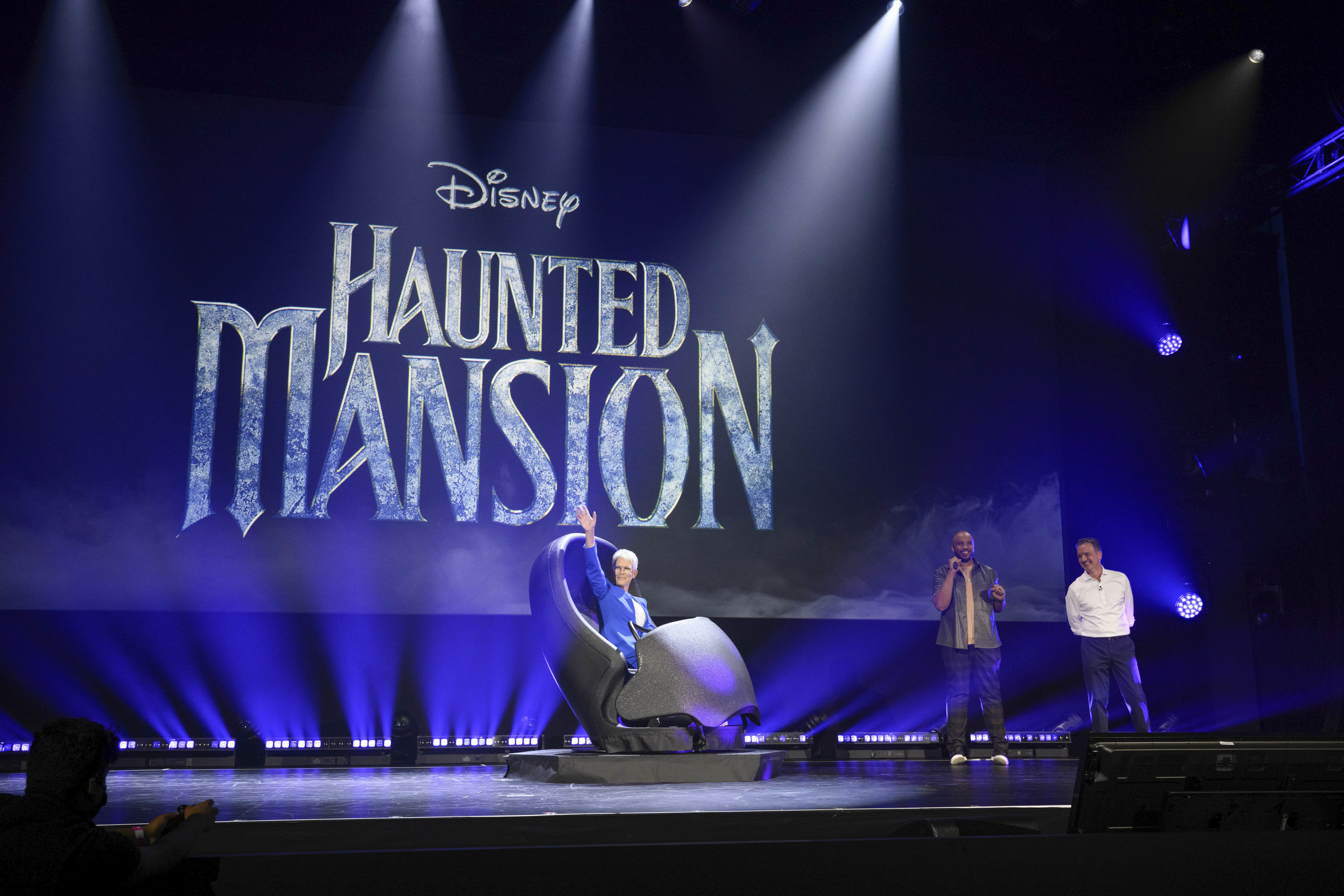 Jamie Lee Curtis, Justin Simien and Sean Bailey appear at the 2022 D23 Expo Panel for &quot;The Haunted Mansion&quot; film in 2023.