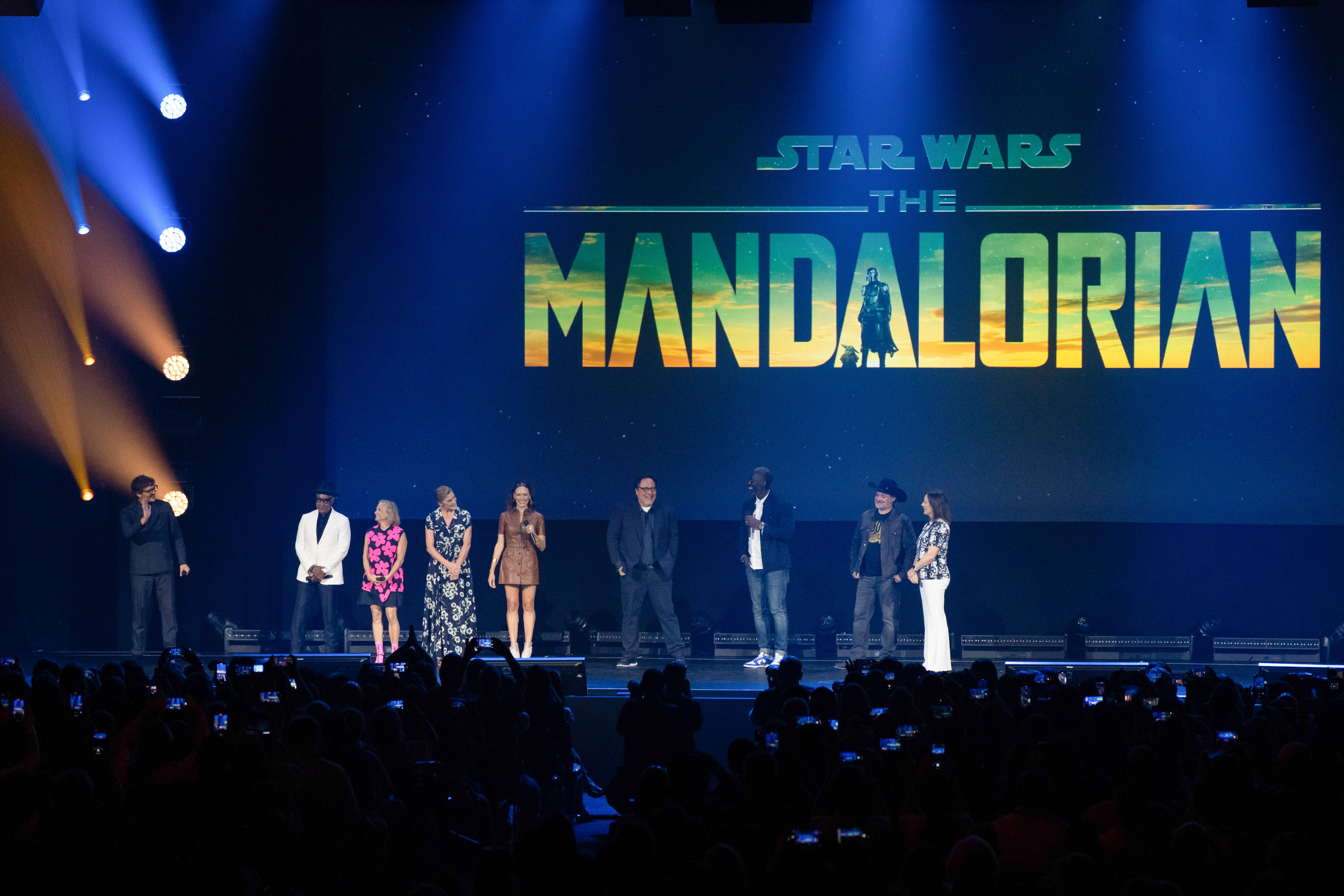 The cast and crew behind The Mandalorian introduce fans to the premiere of The Mandalorian&#x27;s third season trailer at D23 Expo in 2022.