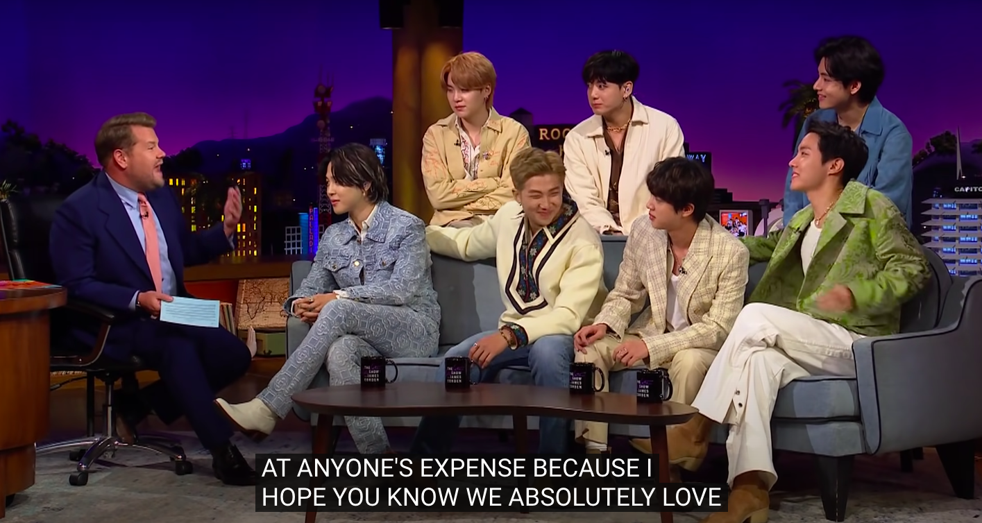 James with BTS and caption: &quot;At anyone&#x27;s expense because I hope you know we absolutely love&quot;