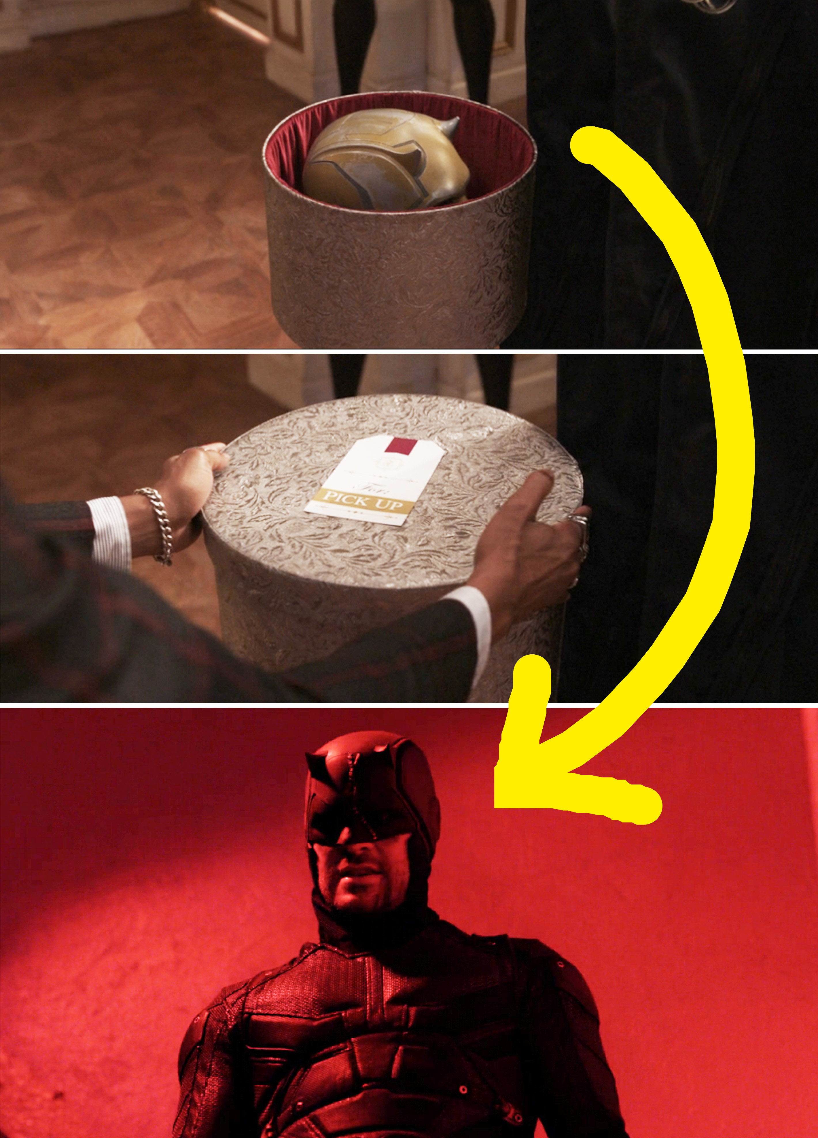 The yellow helmet juxtaposed with a shot of Daredevil from his TV show, in which his helmet and the rest of his suit was red