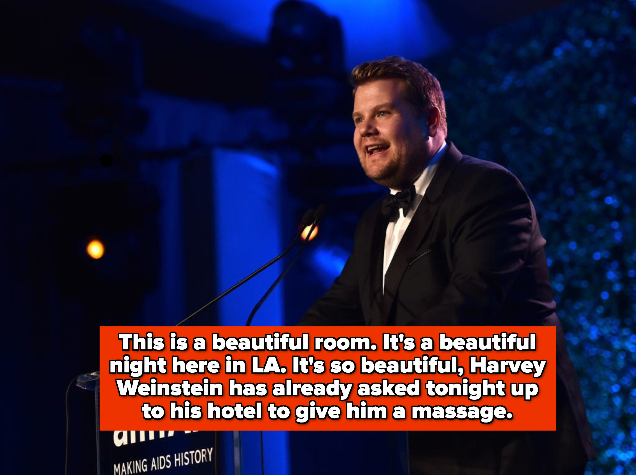 James at the podium saying it&#x27;s a beautiful room and a beautiful night in LA — so beautiful, Harvey has already asked &quot;tonight&quot; up to his hotel to give him a massage