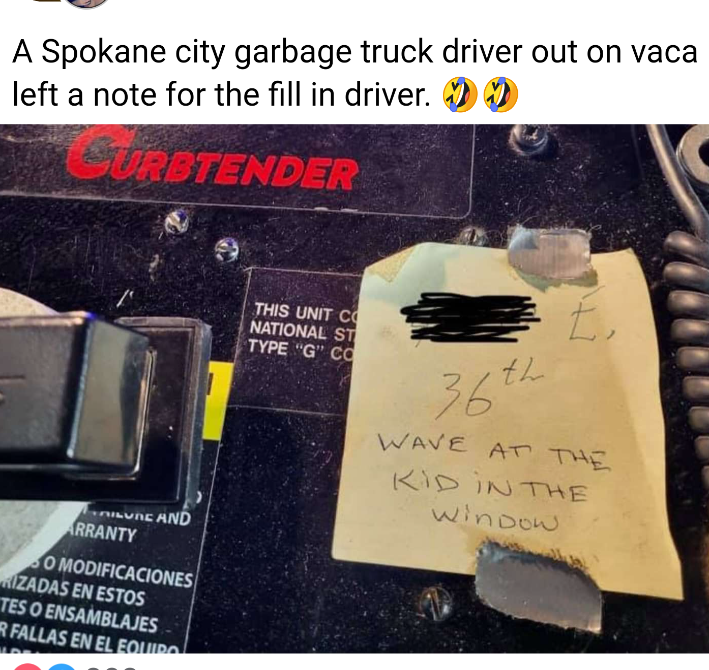 garbage man who wrote a reminder to wave to a window