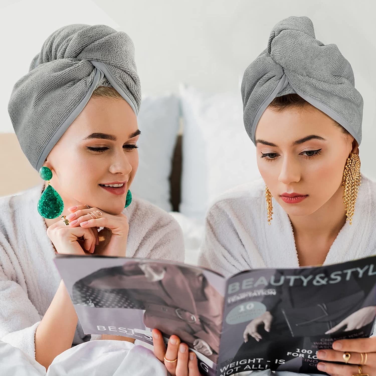 two models wearing microfiber hair towels