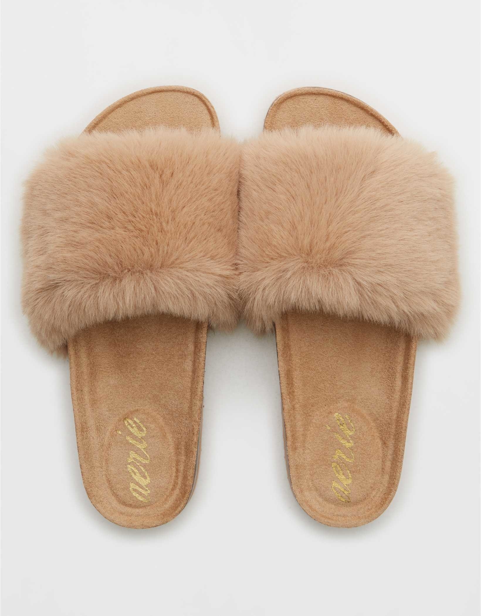 open-toe slides with tan faux fur tops