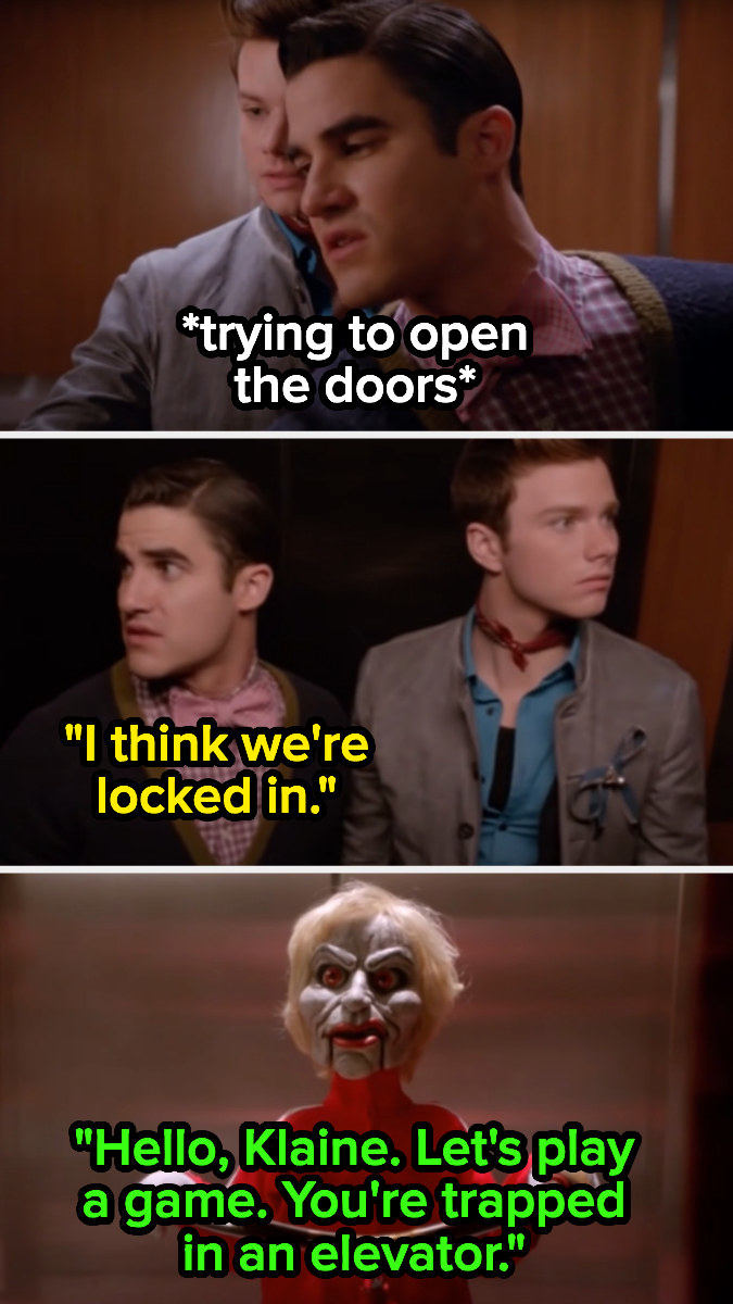 &quot;Hello, Klaine. Let&#x27;s play a game. You&#x27;re trapped in an elevator.&quot;