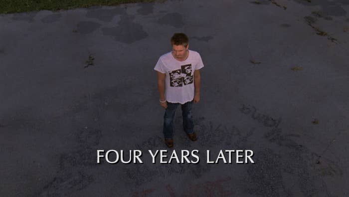 an aerial view of a man with the words &quot;four years later&quot;