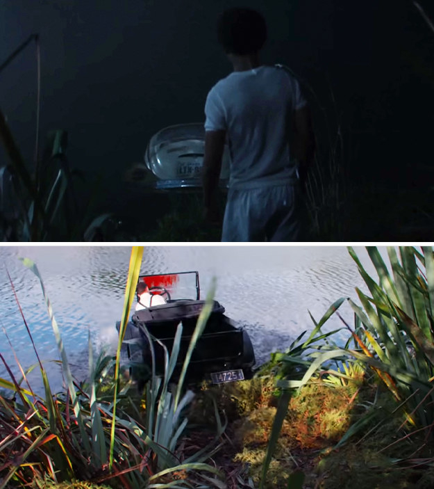 Jackson finds a VW Beetle in the swamp. An old car enters the swamp, a dead body inside and blood on the windshield.