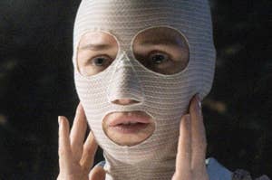 Naomi Watts as mother wearing a medical stocking mask