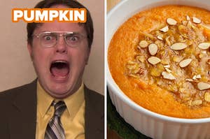 Dwight is labeled, "pumpkin" with sweet potato casserole on the right
