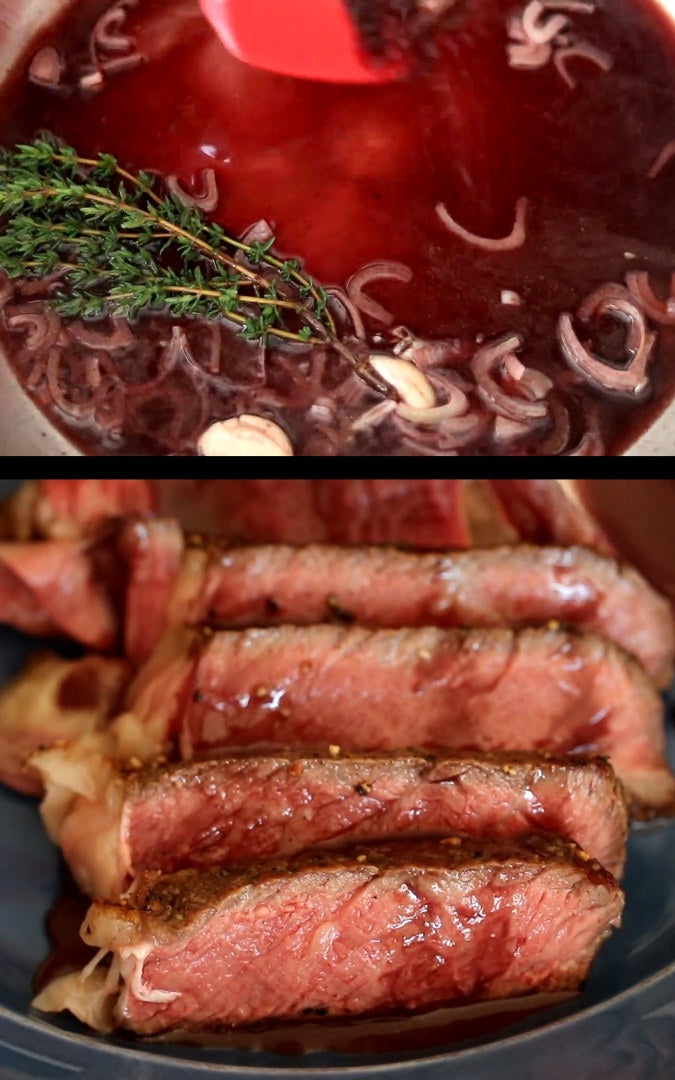 red wine and shallot reduction sauce in a pan, and sliced ribeye steak on a plate