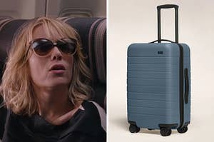 A woman is on a plane with a suitcase on the right