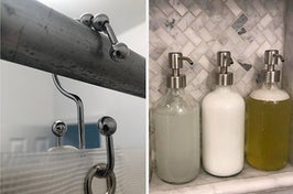 double sided shower hook, clear soap pumps in a tower surround