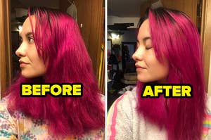 左边是略带卷曲的粉色头发的评论者。右图是同一名评论者在使用Elizavecca护发产品后，头发变得更光滑