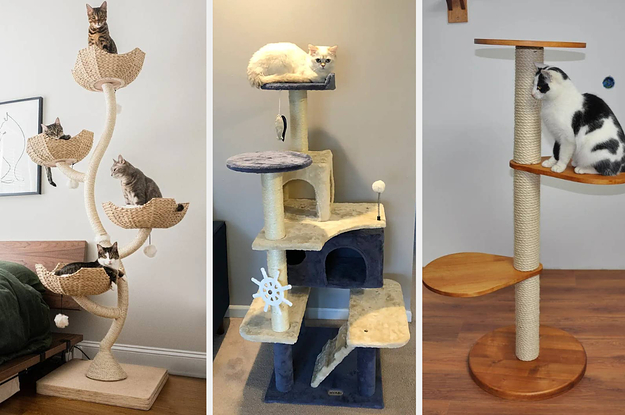 Wooden cat tree with four cats in four different baskets on wooden floor, reviewer image of white and blue faux fur cat tree with steering wheel, hanging fish, and ball toy, wooden three level cat tree and scratching post on a wooden floor