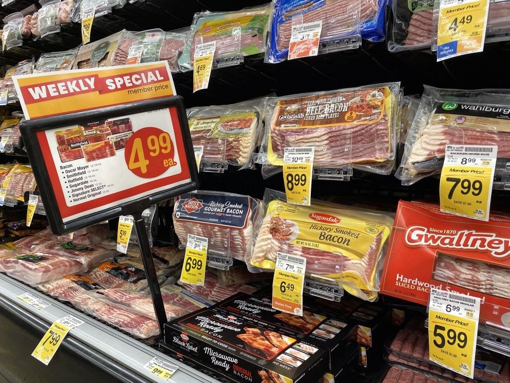 Bacon in a grocery store display