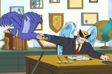 Harvey Birdman clutches an angry falcon in &quot;Harvey Birdman, Attorney at Law&quot;