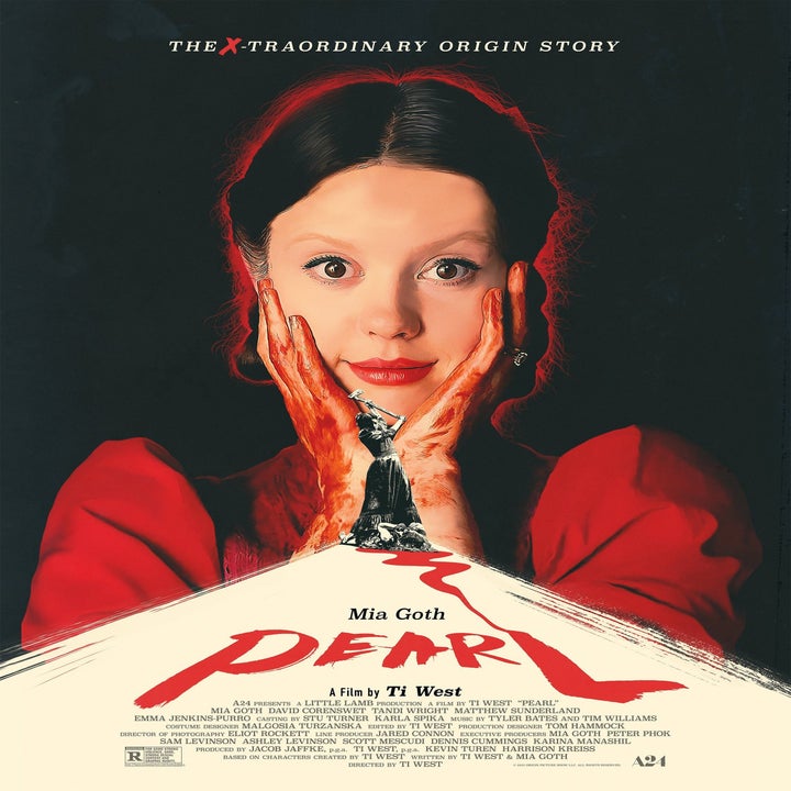 Movie poster for "Pearl" featuring Mia Goth in a red dress with blood on her hands.