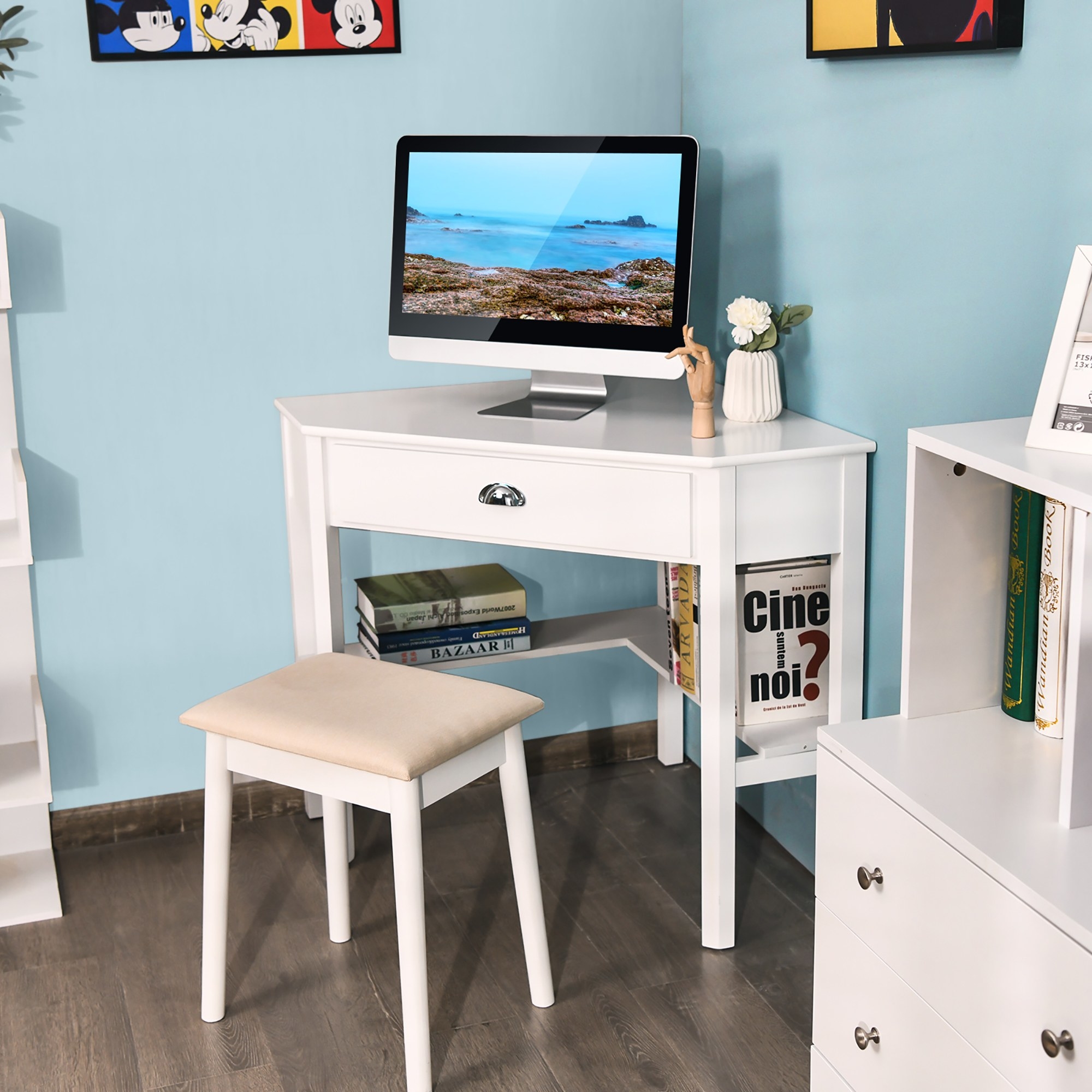 White corner desk with computer on top