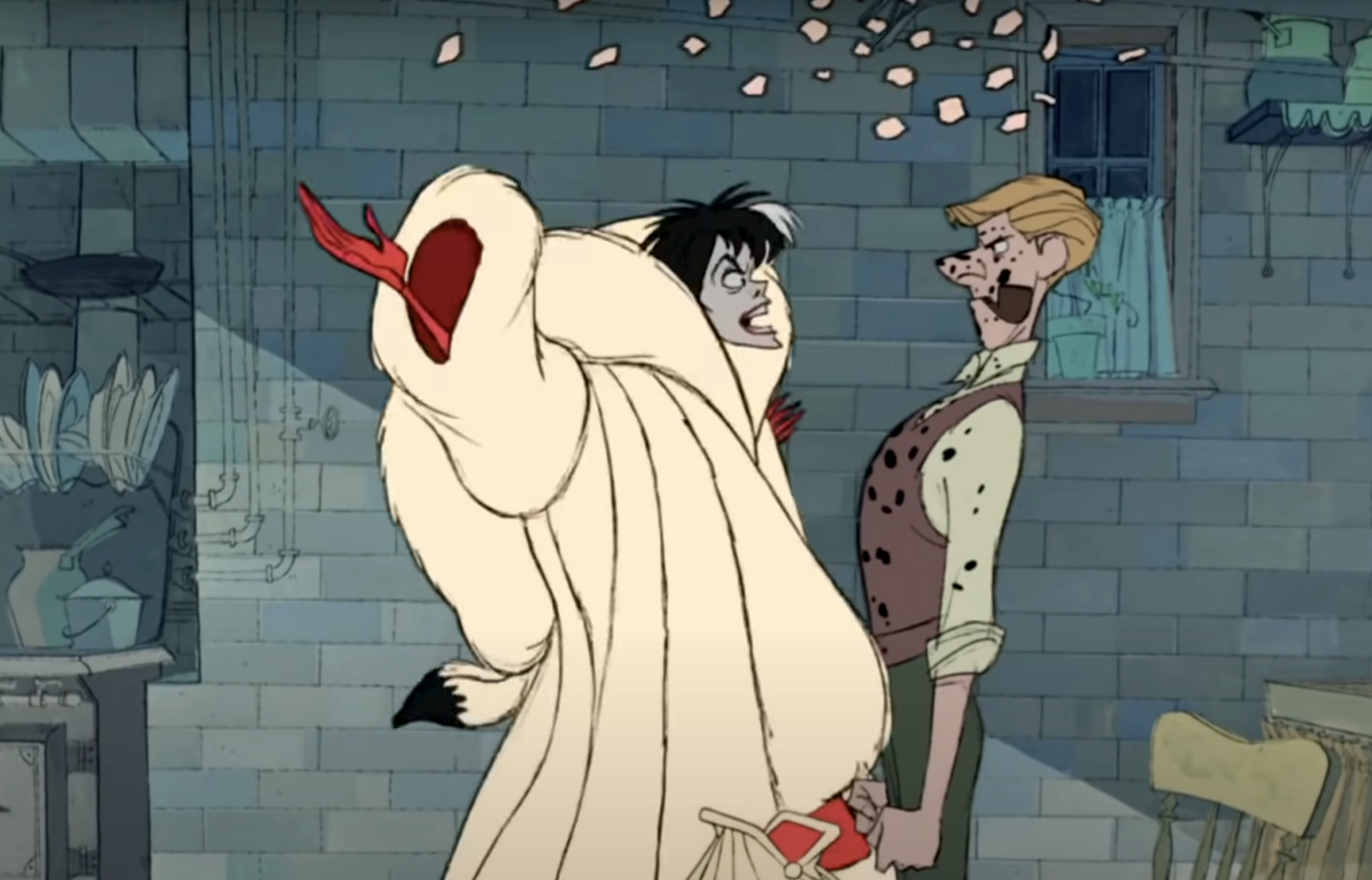 Cruella yelling at a man as the check pieces fall to the ground