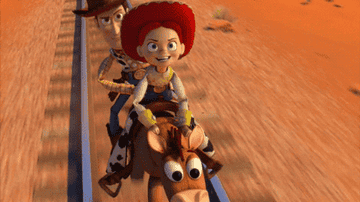 Jessy and Woody ride Bullseye the horse
