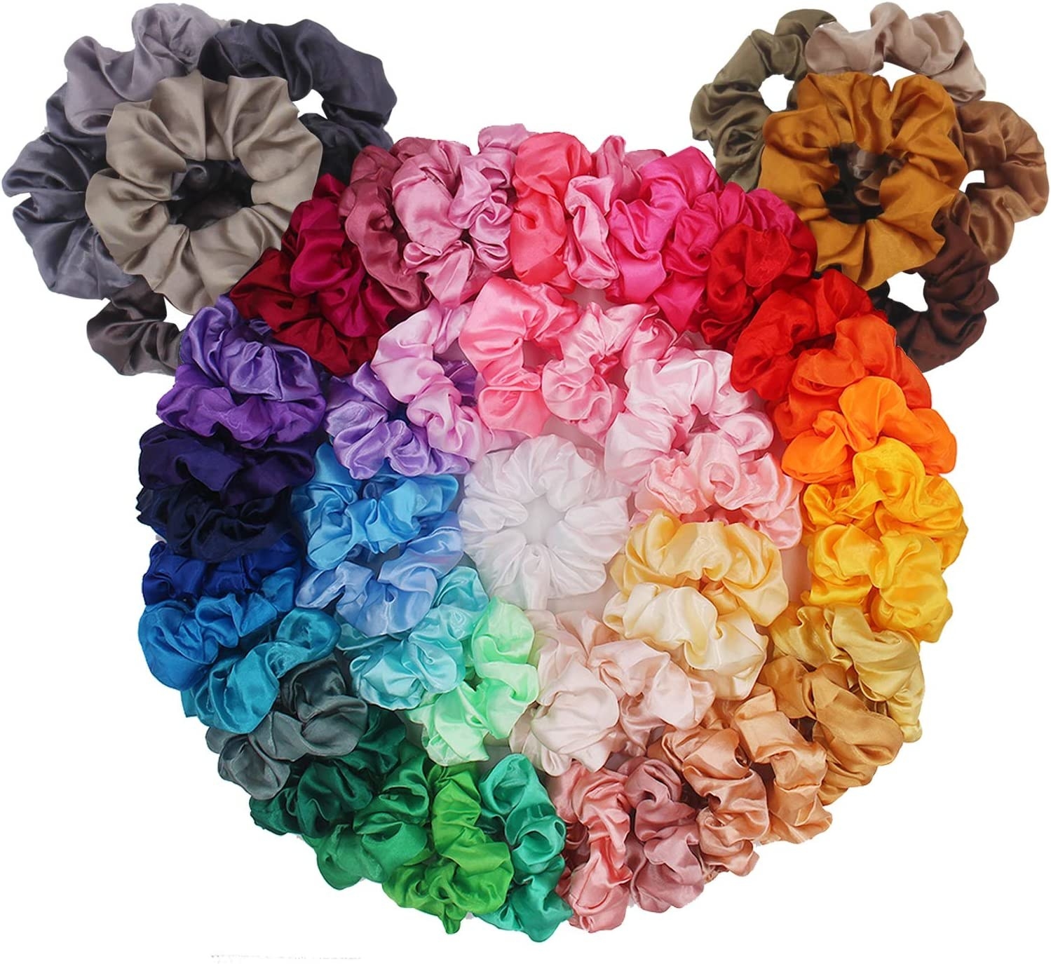 a pack of 60 different satin scrunchies