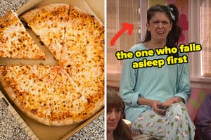 On the left, a box of cheese pizza, and on the right, Cecily Strong furrowing her brows while wearing pajamas in an SNL sketch with an arrow pointing to her and the one who falls asleep first typed under her face