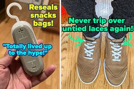 L: a reviewer holding a gray oval-shaped tool with text reading "Reseals snack bags!" and a quote reading "Totally lived up to the hype!", R: a reviewer wearing sneakers with magnetic laces and text reading "Never trip over untied laces again!"