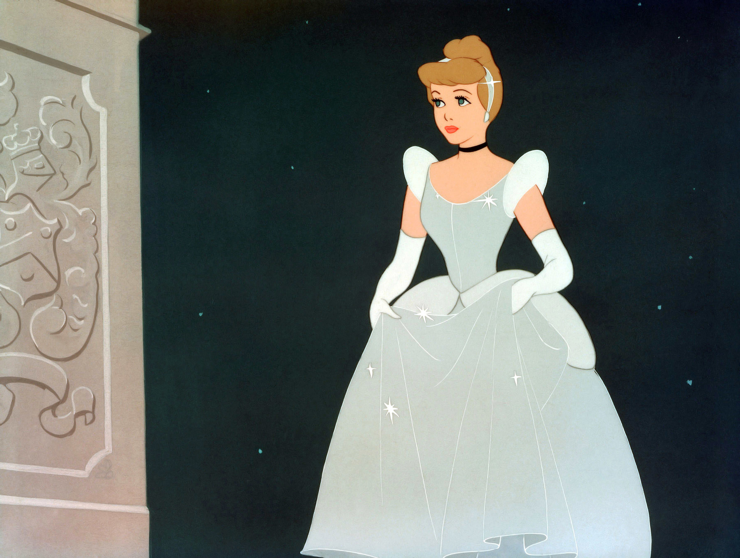 Cinderella entering the ball in a gown