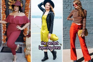 reviewer wearing a burgundy jumpsuit and matching hat / model wearing a chartreuse slip dress with a leather jacket with text: the perfect layering dress / reviewer wearing a striped top with red pants