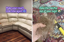 Reviewer's couch after using leather cleaner/reviewer holding hair raked from rug