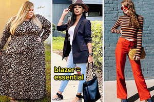 reviewer wearing a leopard print maxi / reviewer wearing a black blazer with text: blazer = essential / reviewer wearing a striped top with red pants