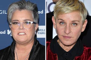 Rosie O'Donnell wears a black blazer top with a silver necklace and clear glasses. Ellen DeGeneres wears a red velour suit with a black shirt.