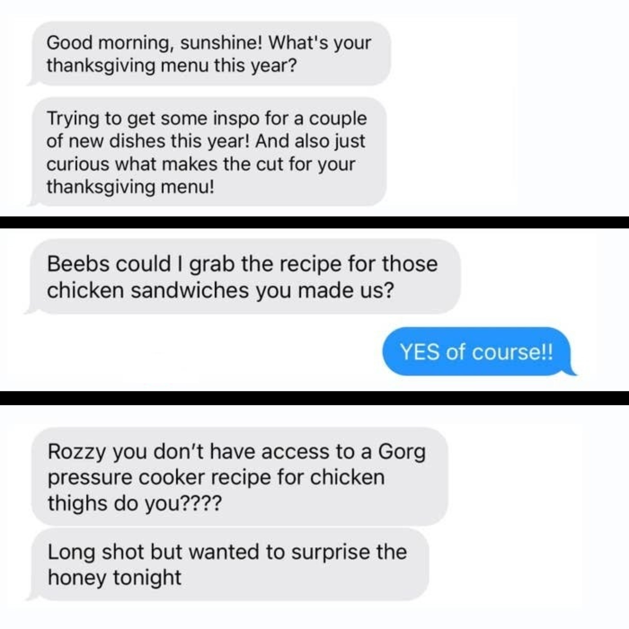 multiple people reaching out to author via text for food and recipe recommendations