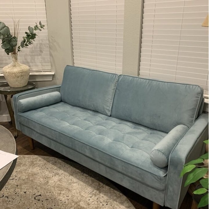 the sofa in light blue