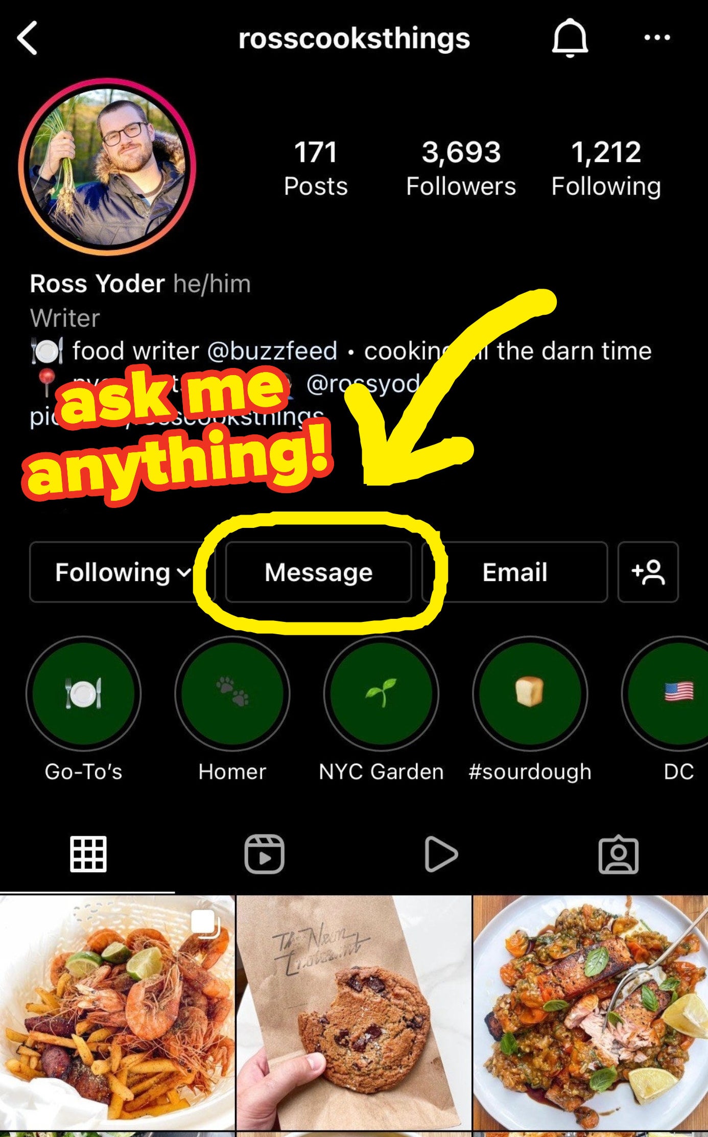 screenshot of author&#x27;s instagram page with circle around the &quot;message&quot; button
