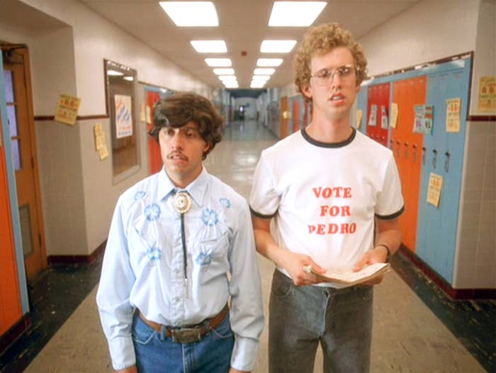 Efren Ramirez (as Pedro) and Jon Heder (as Napoleon Dynamite) wearing a 'Vote for Pedro' t-shirt