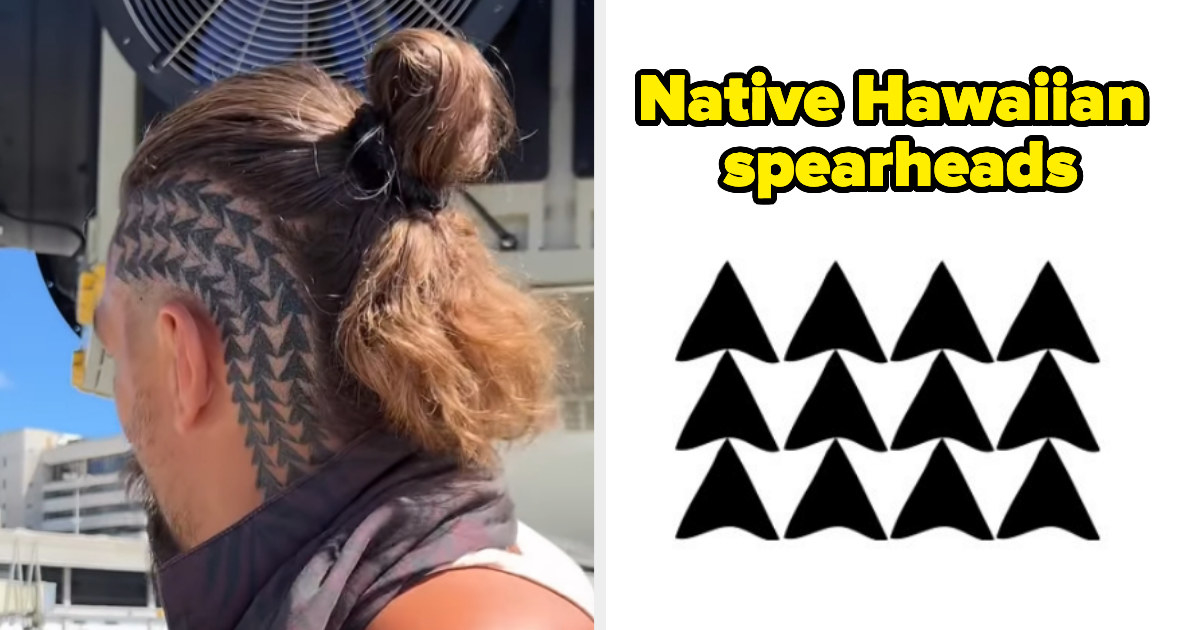 Jason&#x27;s head tattoo next to an image of Native Hawaiian spearheads; the designs are similar