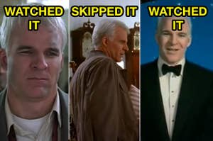 Steve Martin in Planes Trains and Automobiles with "Watched it" over top in Housesitter with "skipped it" over top and in Fantasia 2000 with "watched it" over top
