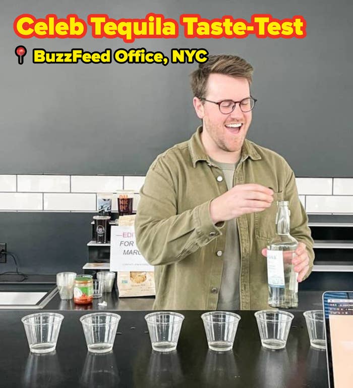author conducting a celeb tequila taste test at buzzfeed&#x27;s new york office