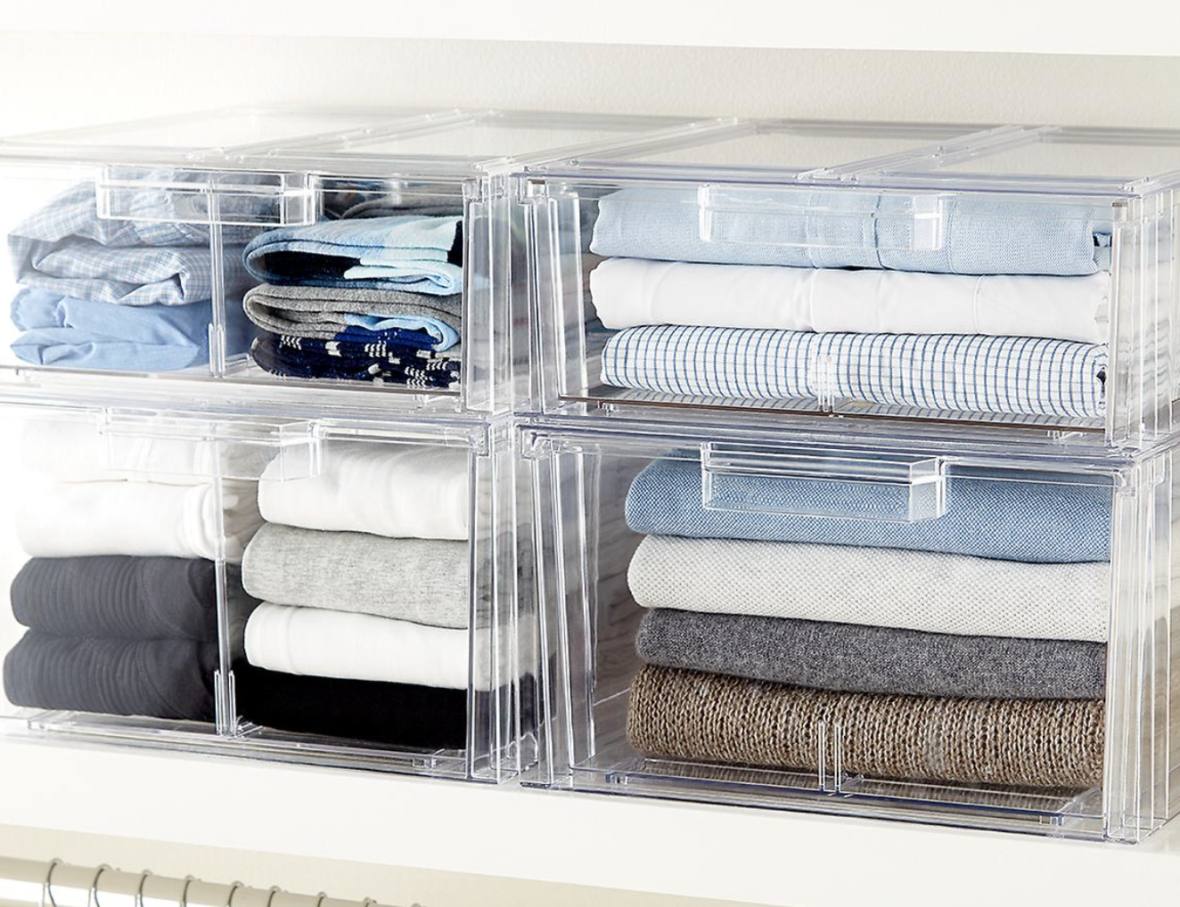 clear stackable drawers filled with sweaters