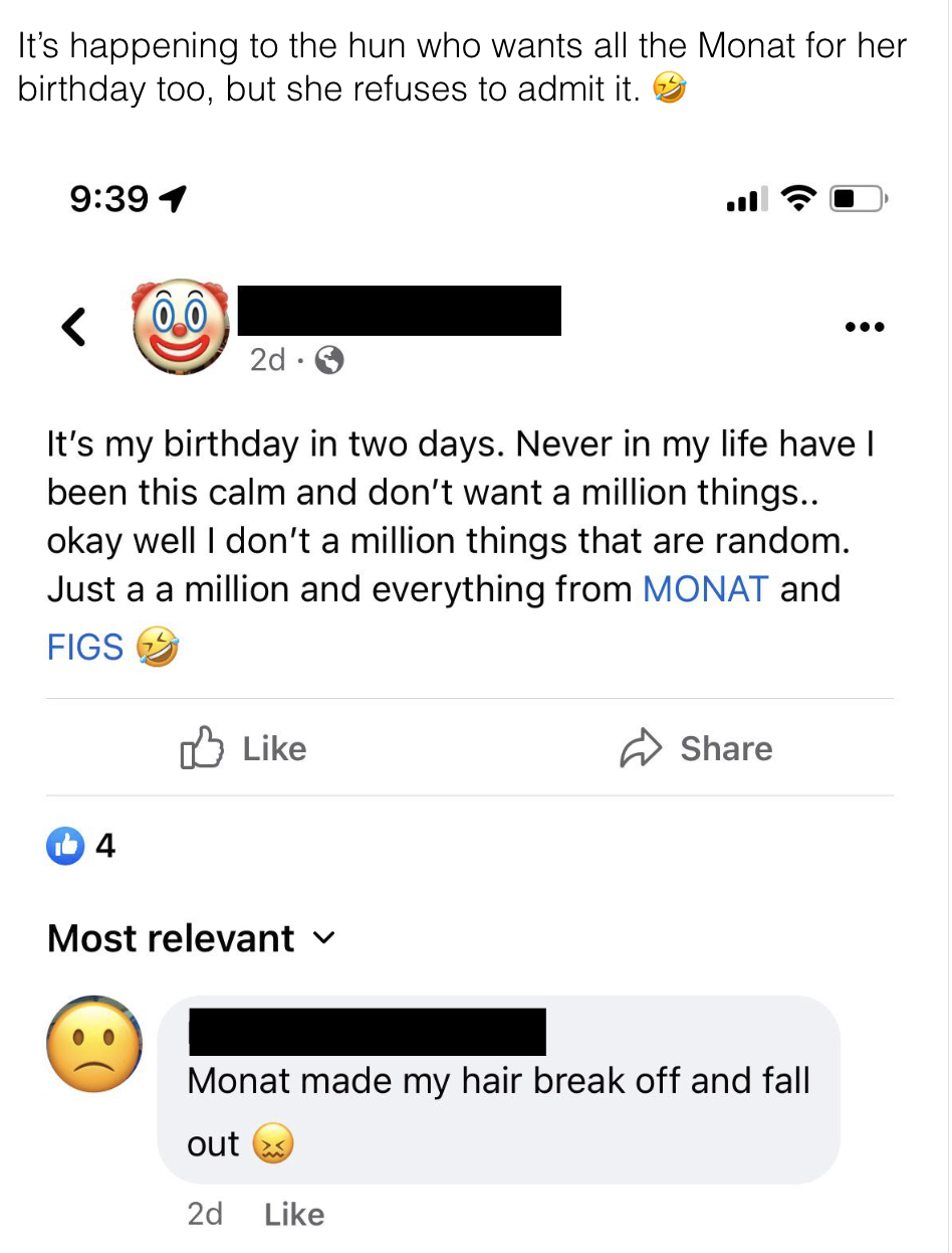 Person says they want everything from Monat and Figs, and someone says &quot;Monat made my hair break off and fall out&quot;